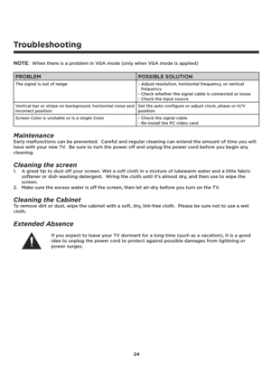 Page 2524
Troubleshooting
NOTE:  When there is a problem in VGA mode (only when VGA mode is applied)
PROBLEM POSSIBLE SOLUTION
The signal is out of range - Adjust resolution, horizontal frequency, or vertical
frequency
- Check whether the signal cable is connected or loose
- Check the input source
Vertical bar or stripe on background, horizontal noise and 
incorrect positionSet the auto configure or adjust clock, phase or H/V 
position
Screen Color is unstable or is a single Color - Check the signal cable
-...