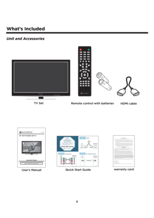 Page 65
What’s Included
Unit and Accessories
TV Set
User’s Manual
Quick Start Guidewarranty card
Remote control with batteries
46  Full HD Digital LED TV
Instruction ManualRead all of the instructions before using this TV and keep the 
manual in a safe place for future reference.
ELEFQ462
HDMI cable 