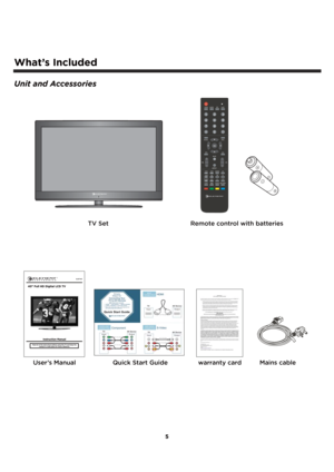 Page 65
What’s Included
Unit and Accessories
TV Set Remote control with batteries
User’s Manual Quick Start Guide
warranty card Mains cable 