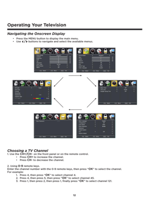 Page 1312
Operating Your Television
Navigating the Onscreen Display
’Press the MENU button to display the main menu.
’Use  buttons to navigate and select the available menus.
Choosing a TV Channel
1. Use the CH+/CH- on the front panel or on the remote control.
’Press
CH+to increase the channel.
’Press
CH-to decrease the channel. 
2. Using 
0-9remote keys.
Enter the channel number with the 0-9 remote keys, then press “
OK” to select the channel.
For example:
1. Press 4, then press “
OK” to select channel 4.
2....