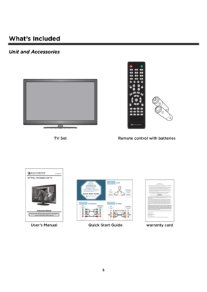 Page 65
What’s Included
Unit and Accessories
TV Set Remote control with batteries
Quick Start Guidewarranty cardUser’s Manual
ELGFW601
60  FULL HD Digital LCD TV 