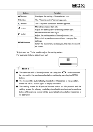 Page 43 
 
43 
 
 
Button Function 
 button Configure the setting of the selected icon. 
 button The “Volume control” screen appears. 
 button The “Keystone correction” screen appears. 
 button jove the selected item left. 
Adjust the setting value of the adjustment barG. 
 button jove the selected item right. 
Adjust the setting value of the adjustment bar. 
MENU button 
Return to the previous menu without changing the 
settings. 
When the main menu is displayed, the main menu will 
be closed. 
 
*Adjustment...