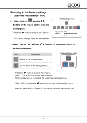 Page 64 
 
64 
 
 
Returning to the factory settings 
1.  Display the “Detail settings” menu. 
2.  Select the icon  with the  
buttons on the remote control or on the 
control panel. 
Press the  button to execute the selection. 
 
The “Factory settings” menu will be displayed. 
 
3. Select “Yes” or “No” with the   buttons on the remote control or 
on the control panel. 
 
Icon Description 
 
 
Return to the factory settings. 
 
Do not return to the factory settings. 
 
Press the  button to execute the...