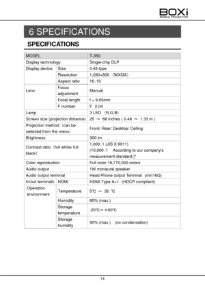 Page 74 
 
74 
 
 
6 SPECIFICATIONS 
SPECIFICATIONS 
MODEL T-350 
Display technology Single-chip DLP 
Display device Size 0.45 type 
 Resolution 1,280×800 （WXGA）  
 Aspect ratio 16：10 
Lens Focus 
adjustment Manual 
 Focal length f = 9.05mm 
 F number F 2.04 
Lamp 3 LED （R,G,B） 
Screen size (projection distance) 25 ～ 68 inches ( 0.48 ～ 1.33 m ) 
Projection method （can be 
selected from the menu） Front/ Rear/ Desktop/ Ceiling 
Brightness 300 lm 
Contrast ratio （full white/ full 
black） 
1,000：1 (JIS X 6911)...