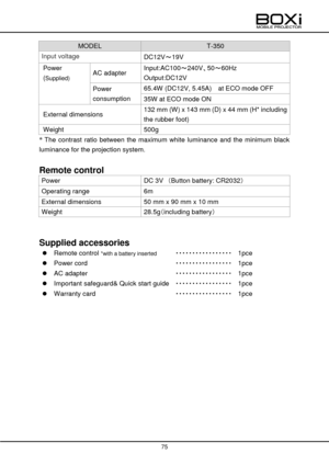 Page 75 
 
75 
 
 
MODEL T-350 
Input voltage DC12V～19V 
Power 
(Supplied) AC adapter Input:AC100～240V、50～60Hz 
Output:DC12V 
 Power 
consumption 
65.4W (DC12V, 5.45A)    at ECO mode OFF 
 35W at ECO mode ON 
External dimensions 132 mm (W) x 143 mm (D) x 44 mm (H* including 
the rubber foot) 
Weight 500g 
* The  contrast  ratio  between  the  maximum  white  luminance  and  the  minimum  black 
luminance for the projection system.  
 
Remote control 
Power DC 3V （Button battery: CR2032） 
Operating range 6m...