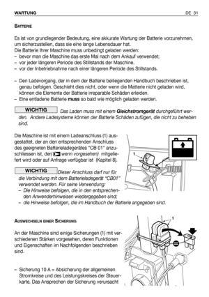 Page 118BATTERIE
Es ist von grundlegender Bedeutung, eine akkurate Wartung der Batterie vorzunehmen,
um sicherzustellen, dass sie eine lange Lebensdauer hat. 
Die Batterie Ihrer Maschine muss unbedingt geladen werden:
–bevor man die Maschine das erste Mal nach dem Ankauf verwendet;
–vor jeder längeren Periode des Stillstands der Maschine.
–vor der Inbetriebnahme nach einer längeren Periode des Stillstands.
–Den Ladevorgang, der in dem der Batterie beiliegenden Handbuch beschrieben ist,
genau befolgen. Geschieht...