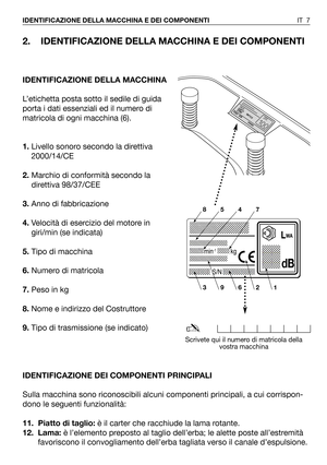 Page 1372. IDENTIFICAZIONE DELLA MACCHINA E DEI COMPONENTI
IDENTIFICAZIONE DELLA MACCHINA
L’etichetta posta sotto il sedile di guida
porta i dati essenziali ed il numero di
matricola di ogni macchina (6).
1.Livello sonoro secondo la direttiva
2000/14/CE
2.Marchio di conformità secondo la
direttiva 98/37/CEE
3.Anno di fabbricazione
4.Velocità di esercizio del motore in
giri/min (se indicata)
5.Tipo di macchina
6.Numero di matricola
7.Peso in kg
8.Nome e indirizzo del Costruttore
9.Tipo di trasmissione (se...