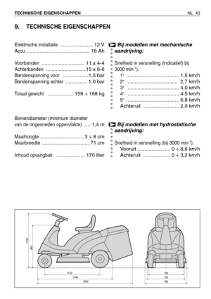 Page 216NL 43 TECHNISCHE EIGENSCHAPPEN 
9.TECHNISCHE EIGENSCHAPPEN 
Elektrische installatie....................... 12 V
Accu............................................. 18 Ah
Voorbanden.............................. 11 x 4-4
Achterbanden............................15 x 6-6
Bandenspanning voor ..................1,5 bar
Bandenspanning achter............... 1,0 bar
Totaal gewicht .................. 159 ÷ 168 kg
Binnendiameter (minimum diameter
van de ongesneden oppervlakte)
..... 1,4 m...