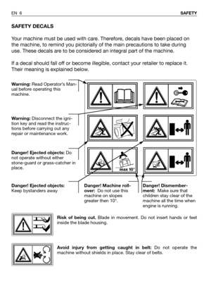 Page 50SAFETY DECALS
Your machine must be used with care. Therefore, decals have been placed on
the machine, to remind you pictorially of the main precautions to take during
use. These decals are to be considered an integral part of the machine.
If a decal should fall off or become illegible, contact your retailer to replace it.
Their meaning is explained below.
EN 6SAFETY
Warning:Read Operator’s Man-
ual before operating this
machine.
Warning:Disconnect the igni-
tion key and read the instruc-
tions before...