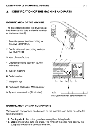 Page 512. IDENTIFICATION OF THE MACHINE AND PARTS
IDENTIFICATION OF THE MACHINE
The plate located under the driver’s seat
has the essential data and serial number
of each machine (6).
1.Acoustic power level according to
directive 2000/14/CE
2.Conformity mark according to direc-
tive 98/37/EEC
3.Year of manufacture
4.Operating engine speed in r.p.m (if
indicated)
5.Type of machine
6.Serial number
7.Weight in kgs
8.Name and address of Manufacturer
9.Type of transmission (if indicated)
IDENTIFICATION OF MAIN...