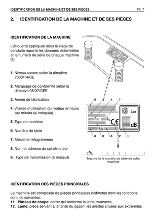 Page 82. IDENTIFICATION DE LA MACHINE ET DE SES PIÈCES
IDENTIFICATION DE LA MACHINE
L’étiquette appliquée sous le siège de
conduite reporte les données essentielles
et le numéro de série de chaque machine
(6).
1.Niveau sonore selon la directive
2000/14/CE
2.Marquage de conformité selon la
directive 98/37/CEE
3. Année de fabrication
4.Vitesse d’utilisation du moteur en tours
par minute (si indiquée)
5.Type de machine
6.Numéro de série
7.Masse en kilogrammes
8.Nom et adresse du constructeur
9.Type de...