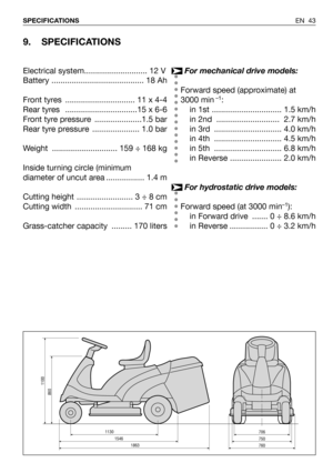 Page 87EN 43 SPECIFICATIONS
9. SPECIFICATIONS
Electrical system............................ 12 V
Battery ......................................... 18 Ah
Front tyres  ............................... 11 x 4-4
Rear tyres   ................................15 x 6-6
Front tyre pressure  .....................1.5 bar
Rear tyre pressure  ..................... 1.0 bar
Weight ............................. 159 ÷ 168 kg
Inside turning circle (minimum
diameter of uncut area ................. 1.4 m
Cutting height...