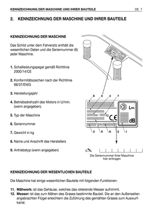 Page 942. KENNZEICHNUNG DER MASCHINE UND IHRER BAUTEILE 
KENNZEICHNUNG DER MASCHINE
Das Schild unter dem Fahrersitz enthält die
wesentlichen Daten und die Seriennummer (6)
jeder Maschine.
1.Schallleistungspegel gemäß Richtlinie
2000/14/CE
2.Konformitätszeichen nach der Richtlinie
98/37/EWG
3.Herstellungsjahr
4.Betriebsdrehzahl des Motors in U/min.
(wenn angegeben).
5.Typ der Maschine
6.Seriennummer
7.Gewicht in kg
8.Name und Anschrift des Herstellers
9.Antriebstyp (wenn angegeben)
KENNZEICHNUNG DER WESENTLICHEN...