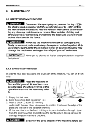 Page 67EN 27 MAINTENANCE
6. MAINTENANCE
6.1 SAFETY RECOMMENDATIONS
Disconnect the spark plug cap, remove the key  (  in
the electric start models) or shift the accelerator lever to  «OFF» (  in
the manual start models) and read the relevant instructions before start-
ing any cleaning, maintenance or repairs. Wear suitable clothing and
strong gloves for dismantling and refitting the blade and in all other haz-
ardous situations for the hands.
Never use the machine with worn or damaged parts.
Faulty or worn-out...