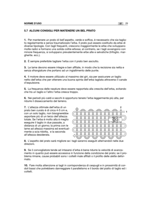 Page 15629ITNORME D’USO
5.7 ALCUNI CONSIGLI PER MATENERE UN BEL PRATO
1.Per mantenere un prato di bell’aspetto, verde e soffice, è necessario che sia taglia-
to regolarmente e senza traumatizzare l’erba. Il prato può essere costituito da erbe di
diverse tipologie. Con tagli frequenti, crescono maggiormente le erbe che sviluppano
molte radici e formano una solida coltre erbosa; al contrario, se i tagli avvengono con
minore frequenza, si sviluppano prevalentemente erbe alte e selvatiche (trifoglio. mar-
gherite....