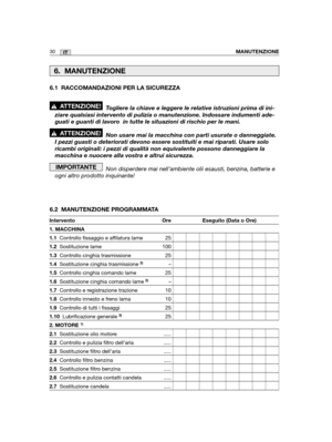 Page 157Intervento Ore Eseguito (Data o Ore)
1. MACCHINA
1.1Controllo fissaggio e affilatura lame 25
1.2Sostituzione lame 100
1.3Controllo cinghia trasmissione 25
1.4Sostituzione cinghia trasmissione 2)–
1.5Controllo cinghia comando lame 25
1.6Sostituzione cinghia comando lame 2)–
1.7Controllo e registrazione trazione 10
1.8Controllo innesto e freno lama 10
1.9Controllo di tutti i fissaggi 25
1.10Lubrificazione generale 3)25
2. MOTORE1)
2.1Sostituzione olio motore .....
2.2Controllo e pulizia filtro dell’aria...