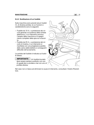 Page 16235ITMANUTENZIONE
6.4.4 Sostituzione di un fusibile
Sulla macchina sono previsti alcuni fusibili
(1), di diversa portata, le cui funzioni e
caratteristiche sono le seguenti:
– Fusibile da 10 A = a protezione dei cir-
cuiti generali e di potenza della scheda
elettronica, il cui intervento provoca
l’arresto della macchina e lo spegni-
mento completo della spia sul cruscot-
to.
– Fusibile da 25 A = a protezione del cir-
cuito di ricarica, il cui intervento si
manifesta con una progressiva perdita
della...