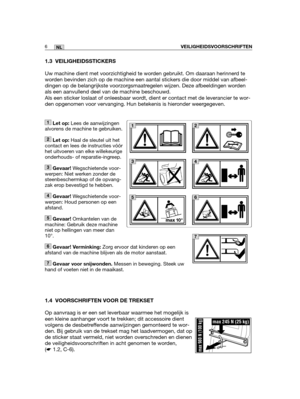 Page 175VEILIGHEIDSVOORSCHRIFTEN6NL
1.3 VEILIGHEIDSSTICKERS
Uw machine dient met voorzichtigheid te worden gebruikt. Om daaraan herinnerd te
worden bevinden zich op de machine een aantal stickers die door middel van afbeel-
dingen op de belangrijkste voorzorgsmaatregelen wijzen. Deze afbeeldingen worden
als een aanvullend deel van de machine beschouwd.
Als een sticker loslaat of onleesbaar wordt, dient er contact met de leverancier te wor-
den opgenomen voor vervanging. Hun betekenis is hieronder weergegeven....