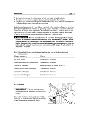 Page 3231FRENTRETIEN
1)Consulter le manuel du moteur pour la liste complète et la périodicité.2)Remplacer, aux premiers signes dusure, en contactant le Revendeur.3)Le graissage général devrait également être effectué à chaque fois que l’on prévoit
une longue période d’inactivité de la machine.  
Le but de ce tableau est de vous aider à maintenir votre machine efficace et sûre. Les
principales opérations d’entretien et graissage y sont rappelées, avec l’indication de
l’intervalle de temps dans lequel elles...