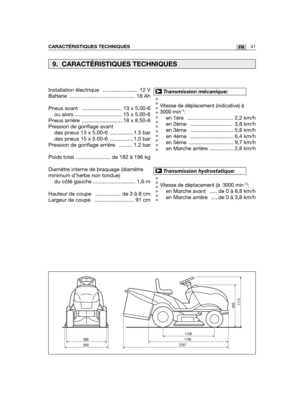 Page 4241FRCARACTÉRISTIQUES TECHNIQUES
Vitesse de déplacement (indicative) à
3000 min-1:
en 1ère   ............................... 2,2 km/h
en 2ème   ............................ 3,8 km/h
en 3ème   ............................. 5,8 km/h
en 4ème   ............................. 6,4 km/h
en 5ème  .............................. 9,7 km/h
en Marche arrière ................ 2,8 km/h
Vitesse de déplacement (à  3000 min-1):
en Marche avant   ..... de 0 à 8,8 km/h
en Marche arrière  .... de 0 à 3,8 km/h
➤Transmission...