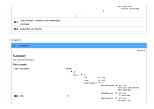 Page 18maxLength:18
Unique username
}
}
}
401
Unauthorised. Invalid or no credentials
provided.
404Document not found.
/network
GET /network
Network
Summary
Get network information
Responses
CodeDescriptionSchema
200OK.⇄
▼ {
data:▼ {
id:string
type:string
attributes:▼ {
macAddress:▼ string
Network interface
MAC address
ipAddress:▼ string
IP Address
ipNetmask:▼ string
Netmask IP 