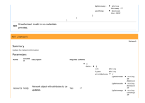 Page 19ipGateway:▼ string
Gateway IP
useDhcp:▼ boolean
Use DHCP
}
}
}
401
Unauthorised. Invalid or no credentials
provided.
PUT /network
Network
Summary
Update the network information
Parameters
NameLocated
inDescriptionRequiredSchema
resourcebody
Network object with attributes to be
updated.
Yes⇄
▼ {
data:▼ {
id:string
type:string
attributes:▼ {
ipAddress:▼ string
IP
Address
ipNetmask:▼ string
Netmask
IP
ipGateway:▼ string
Gateway
IP 
