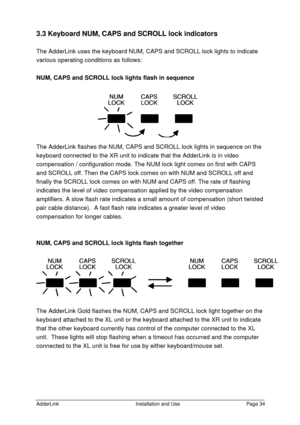 Page 35AdderLinkInstallation and UsePage 343.3 Keyboard NUM, CAPS and SCROLL lock indicators
The AdderLink uses the keyboard NUM, CAPS and SCROLL lock lights to indicate
various operating conditions as follows:
NUM, CAPS and SCROLL lock lights flash in sequence
The AdderLink flashes the NUM, CAPS and SCROLL lock lights in sequence on the
keyboard connected to the XR unit to indicate that the AdderLink is in video
compensation / configuration mode. The NUM lock light comes on first with CAPS
and SCROLL off. Then...