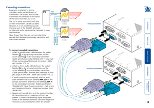 Page 19



18


Cascading transmitters
Expansion is achieved by linking 
the video, audio and serial ports of 
transmitters. The output ports of one 
transmitter are connected to the inputs 
of the next transmitter and so on. 
The RS232 serial ports of AV204T and 
AV208T transmitters can be cascaded. 
However, it is not possible to cascade 
the serial port of the AV200T, although 
its video and audio signals can be cascaded to lower 
level modules.  
Note:...