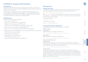 Page 2625
INSTALLATION
CONFIGURATION
OPERATION
FURTHERINFORMATION
INDEX
APPENDIX B - Management API	specification
Introduction
The AdderLink DV104T is monitored and managed by a web interface. This provides 
topology and status information and allows configuration of the transmitter unit plus the 
receiver units connected to it. 
The unit also has a management API via the same HTTP interface. This allows the 
status, topology and configuration to be managed from another application, via HTTP 
commands. Only the...