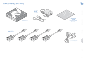 Page 6INSTALLATION
5
CONFIGURATION
OPERATION
FURTHERINFORMATION
INDEX
SUPPLIED ITEMS (ALDV104K KIT)
Information wallet containing:
Four self-adhesive rubber feetQuick start guideSafety document
Power adapter (18W) and country-specific	power cord
AdderLink DV104T transmitter unit
HDMI cable with locking connectors 1.5m
Part number:  VSCD12
AdderLink DV100 (HDMI) receivers x 4  