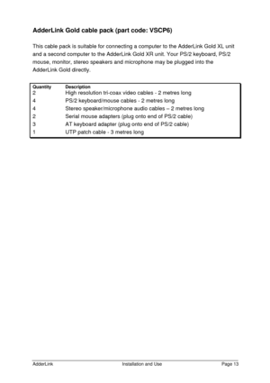 Page 14AdderLinkInstallation and UsePage 13AdderLink Gold cable pack (part code: VSCP6)
This cable pack is suitable for connecting a computer to the AdderLink Gold XL unit
and a second computer to the AdderLink Gold XR unit. Your PS/2 keyboard, PS/2
mouse, monitor, stereo speakers and microphone may be plugged into the
AdderLink Gold directly.
QuantityDescription2     High resolution tri-coax video cables - 2 metres long4   PS/2 keyboard/mouse cables - 2 metres long4Stereo speaker/microphone audio cables – 2...