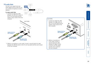 Page 12





11
TX audio links
The ALIF units support two way 
stereo digital sound so that you can 
use a remote microphone as well as 
speakers.
To make audio links
1	 Connect	an	audio	link	cable	
between	the	LINE	OUT	socket	on	
the TX unit rear panel and the 
speaker output socket of the host 
computer.
LINE IN
LINE
 OUT
COMPUTER
2	 [Where	a	microphone	is	to	be	used]:	Connect	a	second	audio	link	cable	
between the LINE IN socket on the TX unit rear...