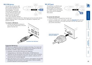 Page 18





17
RX USB devices
The ALIF RX unit has four USB 
ports to which peripherals may 
be connected. The ports are 
interchangeable. To connect 
more than four peripherals, one 
or more USB hubs may be used. 
The total current that may be 
drawn from the USB ports is 
1.2A,	which	should	be	sufficient	
for	a	keyboard,	mouse	(no	more	than	100mA	each)	and	any	two	other	devices	
(500mA	maximum	each).	If	more	power	for	USB	devices	is	required,	use	a...