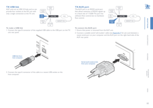 Page 1110
INSTALLATION
CONFIGURATION
OPERATION
FURTHERINFORMATION
INDEX
TX USB link
ALIF units act as USB 2.0 hubs and so can 
provide four sockets at the RX unit with 
only a single connection at the TX unit.
OPTIO NS
1 2
1 2
2 
Connect the type A connector of the cable to a vacant USB socket on the 
host computer. 
TX AUX port
The AUX port is an RS232 serial port 
that allows extension of RS232 signals up 
to a baud rate of 115200. The port has 
software flow control, but no hardware 
flow control. 
AU X
USB...