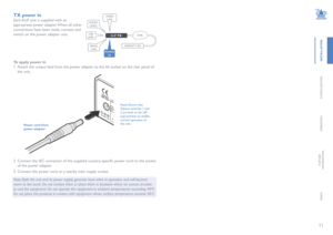 Page 1211
INSTALLATION
CONFIGURATION
OPERATION
FURTHERINFORMATION
INDEX
TX power in
Each ALIF unit is supplied with an 
appropriate power adapter. When all other 
connections have been made, connect and 
switch on the power adapter unit.
INDOOR
USE ONL Y
OPT
1
5V2.5A
1
2  Connect the IEC connector of the supplied country-specific power cord to the socket 
of the power adapter.
3 Connect the power cord to a nearby main supply socket.
Note: Both the unit and its power supply generate heat when in operation and...