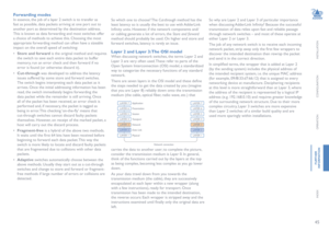 Page 4645
INSTALLATION
CONFIGURATION
OPERATION
FURTHERINFORMATION
INDEX
Forwarding modes
In essence, the job of a layer 2 switch is to transfer as 
fast as possible, data packets arriving at one port out to 
another port as determined by the destination address. 
This is known as data forwarding and most switches offer 
a choice of methods to achieve this. Choosing the most 
appropriate forwarding method can often have a sizeable 
impact on the overall speed of switching:
• Store and forward is the original...