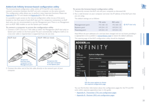 Page 2120
INSTALLATION
CONFIGURATION
OPERATION
FURTHERINFORMATION
INDEX
AdderLink Infinity browser-based configuration utility
The browser-based configuration utility within all TX and RX units requires a 
network connection between the ALIF unit and a computer on the same network. 
The configuration utility allows you to perform many important functions. Please see 
Appendix A for TX unit details and Appendix B for RX unit details.
It is possible to gain access to the internal configuration utility via any of...