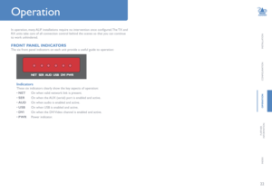 Page 2322
INSTALLATION
CONFIGURATION
OPERATION
FURTHERINFORMATION
INDEX
In operation, many ALIF installations require no intervention once configured. The TX and 
RX units take care of all connection control behind the scenes so that you can continue 
to work unhindered. 
FRONT PANEL INDICATORS
The six front panel indicators on each unit provide a useful guide to operation:
Operation
Indicators
These six indicators clearly show the key aspects of operation:
• NET  On when valid network link is present.
• SER...