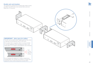 Page 5049
INSTALLATION
CONFIGURATION
OPERATION
FURTHERINFORMATION
INDEX
Double unit rack brackets
This optional kit comprises four brackets (plus twelve screws) 
and allows two ALIF units to be mounted side by side and 
fitted into a 1U rack slot.   
IMPORTANT - allow space for airflow
The ALIF units and their power supplies generate heat when 
in operation and will become warm to the touch. 
Do not place them in locations where air cannot circulate 
to cool the equipment. When mounting units within a rack...