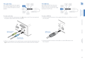 Page 1312
INSTALLATION
CONFIGURATION
OPERATION
FURTHERINFORMATION
INDEX
TX audio links
ALIF (1002) and ALIF dual units support 
two way stereo digital sound so that you 
can use a remote microphone as well as 
speakers.
2 [Where a microphone is to be used]: Connect a second audio link cable between the 
OUT socket on the TX unit rear panel and the Line In socket of the host computer.
To make audio links
1 Connect an audio link cable between the IN socket on the TX unit rear panel and 
the speaker output socket...