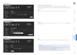 Page 3029
INSTALLATION
CONFIGURATION
OPERATION
FURTHERINFORMATION
INDEX
TX Statistics 
TX Firmware Upgrade
TX Reboot
Enable collection of bandwidth statisticsALIF units can record data transfer statistics from the System port and plot them on a graph for troubleshooting and optimization purposes. When you enable this option, you will first be presented with a pop up from which you can choose which aspects you would like to graph: Data throughput, various packet rates and/or frame rates. 
SubmitClick this button...