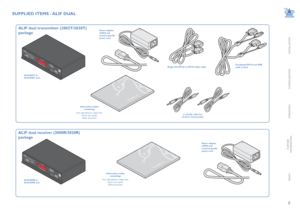 Page 9INSTALLATION
8
CONFIGURATION
OPERATION
FURTHERINFORMATION
INDEX
Combined DVI-D and USB cable (1.8m)
Power adapter (20W) and country-specific power cord
SUPPLIED ITEMS - ALIF DUAL
2 x Audio cable 2m  (3.5mm stereo jacks)
ALIF dual transmitter (2002T/2020T)  
package
Power adapter (20W) and country-specific power cord
ALIF dual receiver (2000R/2020R)  
package
Information wallet containing:
Four self-adhesive rubber feetQuick start guideSafety document
Information wallet containing:
Four self-adhesive...