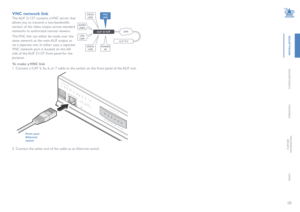 Page 1110
INSTALLATION
CONFIGURATION
OPERATION
FURTHERINFORMATION
INDEX
VNC network link
The ALIF 2112T contains a VNC server that 
allows you to transmit a low-bandwidth 
version of the video output across standard 
networks to authorized remote viewers.
The VNC link can either be made over the 
same network as the main ALIF output or 
via a separate one. In either case, a separate 
VNC network port is located on the left 
side of the ALIF 2112T front panel for the 
purpose.    
To make a VNC link
1 Connect a...