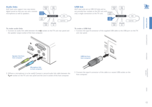Page 1312
INSTALLATION
CONFIGURATION
OPERATION
FURTHERINFORMATION
INDEX
Audio links
ALIF dual units support two way stereo 
digital sound so that you can use a remote 
microphone as well as speakers.
2 [Where a microphone is to be used]: Connect a second audio link cable between the 
OUT socket on the TX unit rear panel and the Line In socket of the host computer.
To make audio links
1 Connect an audio link cable between the IN socket on the TX unit rear panel and 
the speaker output socket of the host...