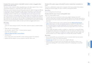 Page 4443
INSTALLATION
CONFIGURATION
OPERATION
FURTHERINFORMATION
INDEX
Problem: The mouse pointer of the ALIF receiver is slow or sluggish when 
moved across the screen.
This issue is often related to either using dithering on the video output of one or more 
transmitting computers or using VGA-to-DVI video converters.
Dithering is used to improve the perceived quality and color depth of images by diffusing 
or altering the color of pixels between video frames. This practice is commonly used 
on Apple Mac...