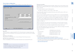 Page 5352
INSTALLATION
CONFIGURATION
OPERATION
FURTHERINFORMATION
INDEX
Time & date configuration
This page allows you to configure all aspects relating to time and date within the unit.Timezone specifier
Optionally enter a recognized timezone specifier related to the current position of the 
ALIF 2112T unit. When an NTP server is used, the specifier will be used to provide the 
correct real time.
The timezone specifier takes the following form: 
     std offset dst [offset],start[/time],end[/time]
The std and...