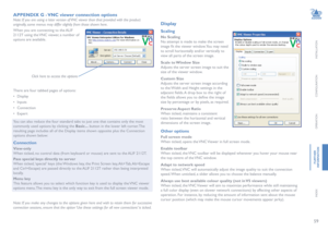 Page 6059
INSTALLATION
CONFIGURATION
OPERATION
FURTHERINFORMATION
INDEX
APPENDIX G - VNC viewer connection options
Note: If you are using a later version of VNC viewer than that provided with the product 
originally, some menus may differ slightly from those shown here.
When you are connecting to the ALIF 
2112T using the VNC viewer, a number of 
options are available. 
Note: If you make any changes to the options given here and wish to retain them for successive 
connection sessions, ensure that the option...