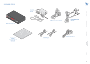 Page 7INSTALLATION
6
CONFIGURATION
OPERATION
FURTHERINFORMATION
INDEX
ALIF 2112T transmitter unit
Combined DVI-D and USB cable (1.8m)
Power adapter (20W) and country-specific power cord
SUPPLIED ITEMS
2 x Audio cable 2m  (3.5mm stereo jacks)
Serial null modem cable 2m 
Information wallet containing:
Four self-adhesive rubber feetQuick start guideSafety document
Single link DVI-D to DVI-D video cable   