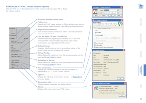 Page 6362
INSTALLATION
CONFIGURATION
OPERATION
FURTHERINFORMATION
INDEX
APPENDIX H - VNC viewer window options
Click the VNC icon in the top left corner of the viewer window (or press F8) to display 
the window options: 
Standard window control items
Full screen
Expands the VNC viewer window to fill the whole screen with no 
visible window edges or toolbar. Press F8 to re-display this menu.
Single mouse mode (P)
Used for fast network connections where a second, “predictor” 
cursor is not required.
Ctrl, Alt,...