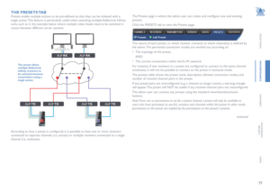 Page 4039
INSTALLATION
CONFIGURATION
OPERATION
FURTHERINFORMATION
INDEX
THE PRESETS TAB
Presets enable multiple actions to be pre-defined so that they can be initiated with a 
single action. This feature is particularly useful when switching multiple AdderLink Infinity 
units, such as in the example below where multiple video heads need to be switched in 
unison between different server systems.
According to how a preset is configured, it is possible to have one or more receivers 
connected to separate channels...